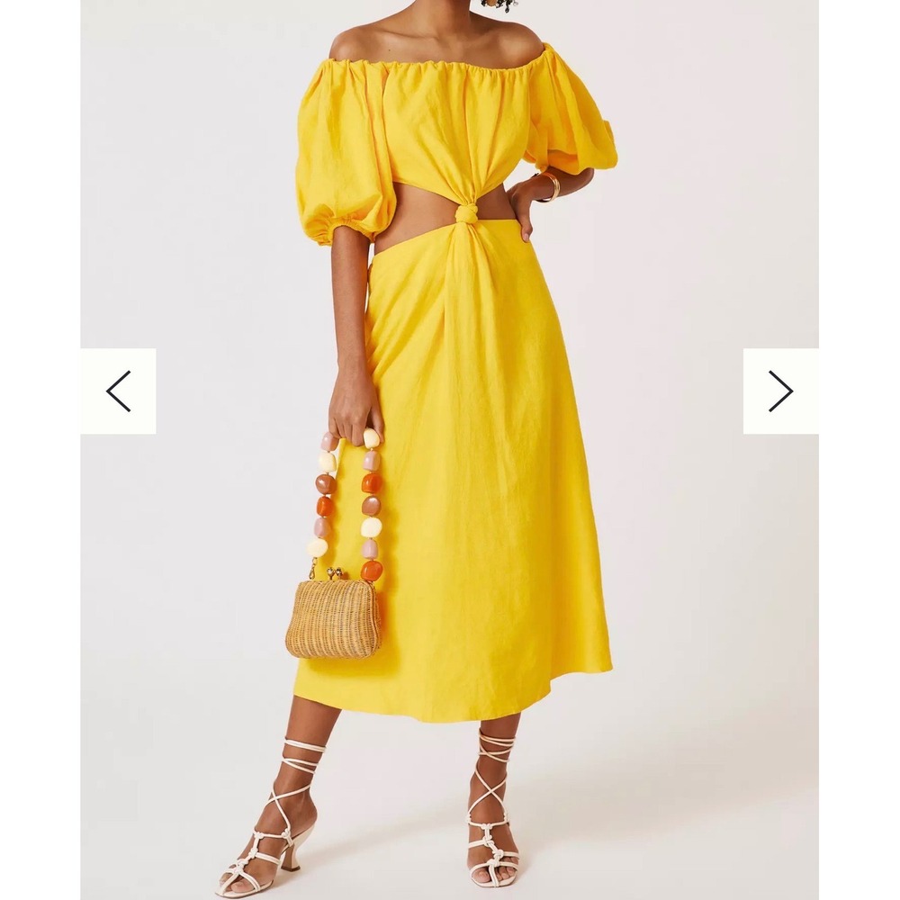 FARM Rio Yellow Knot Midi Dress M Linen Blend Off Shoulder Cutout Puff Sleeve